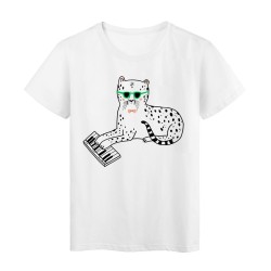 T-Shirt blanc Design chat à lunettes piano