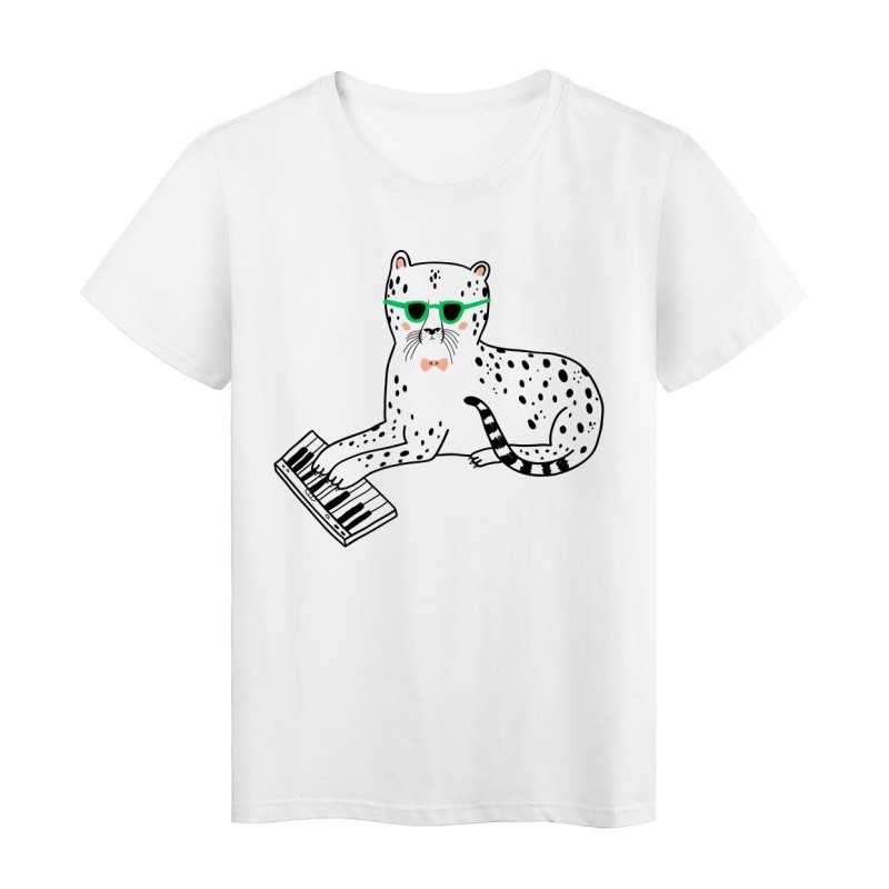 T-Shirt blanc Design chat à lunettes piano