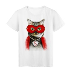 T-Shirt blanc Super cat cape et masque rouge Chat design
