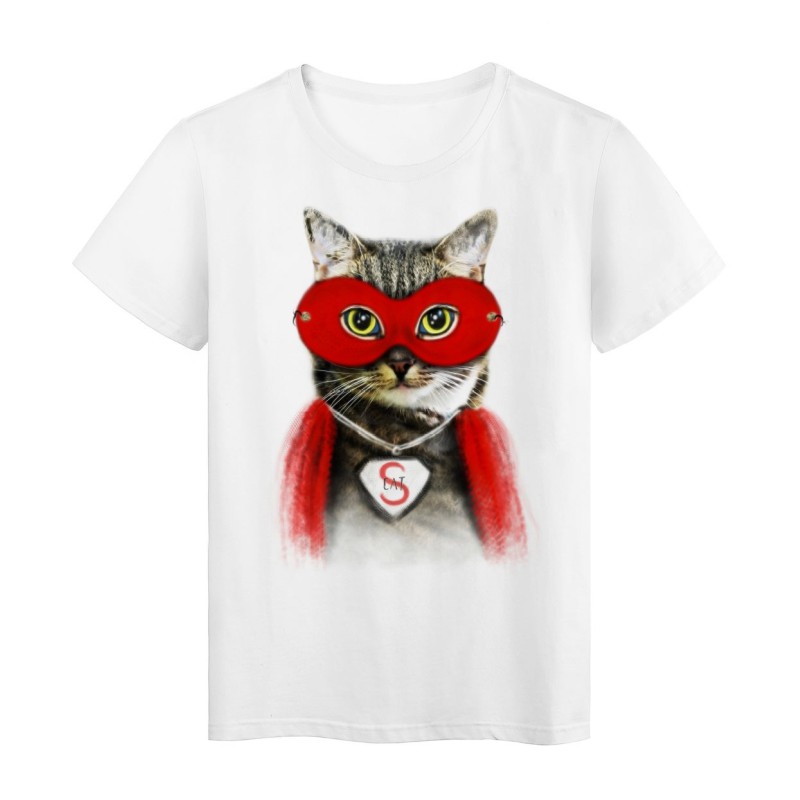 T-Shirt blanc Super cat cape et masque rouge Chat design