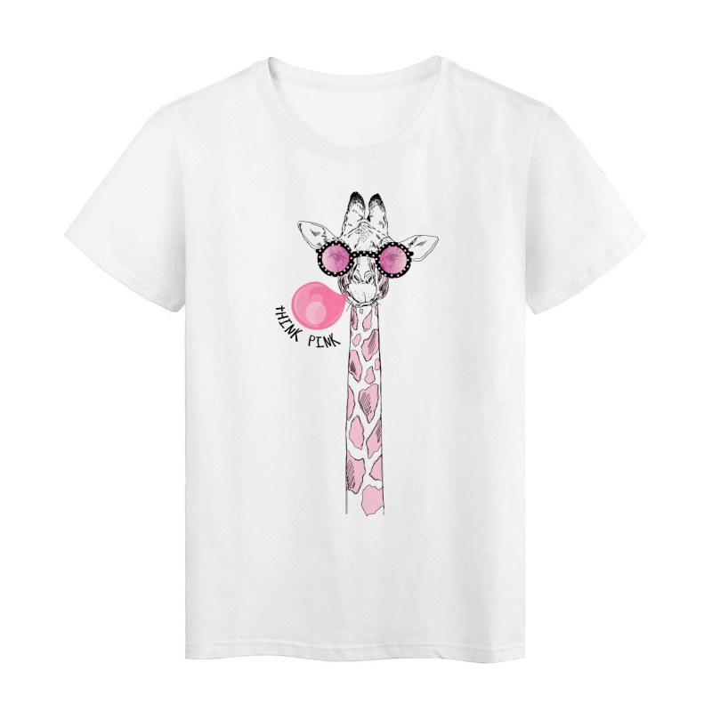 T-Shirt blanc design Girafe rose à lunettes