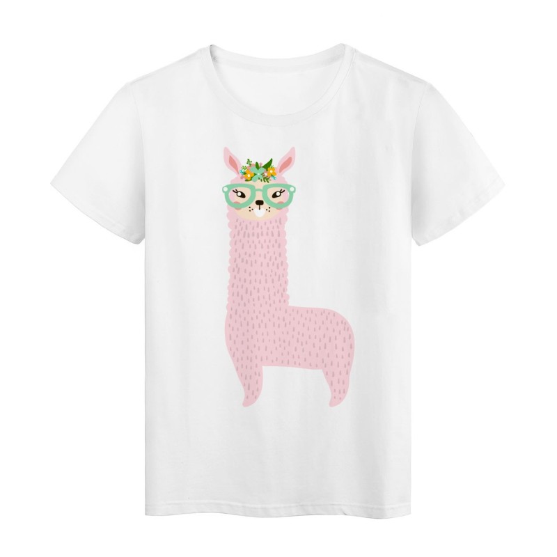 T-Shirt blanc design Lama rose avec lunettes