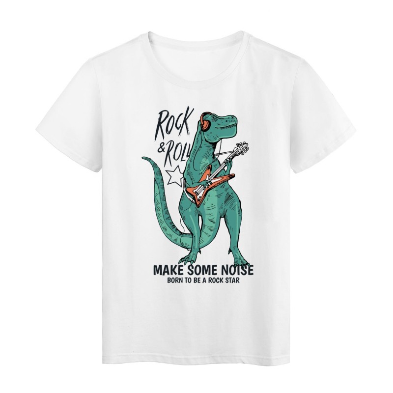 T-Shirt blanc rock n'roll dinosaure rock star humour