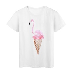 T-Shirt blanc Design flamant rose cornet de glace