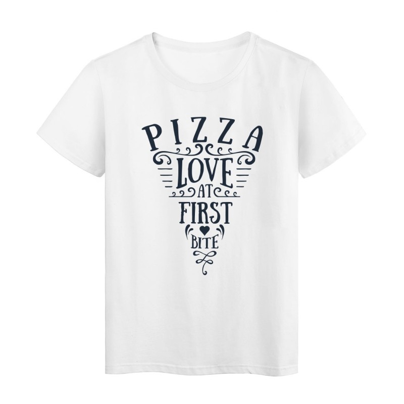 T-Shirt blanc Design pizza love at first bite