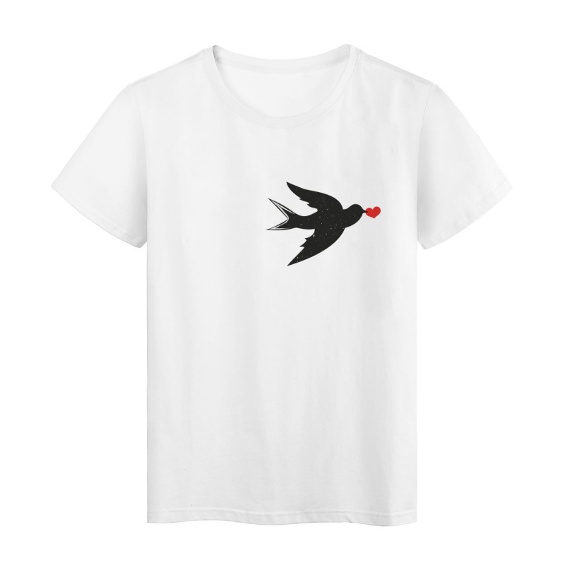 T-Shirt blanc Design oiseau noir cœur rouge