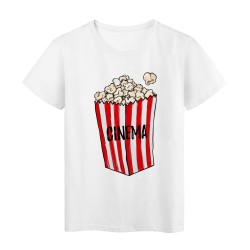 T-Shirt blanc Design Pop corn cinéma rayé rouge