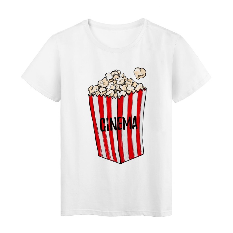 T-Shirt blanc Design Pop corn cinéma rayé rouge