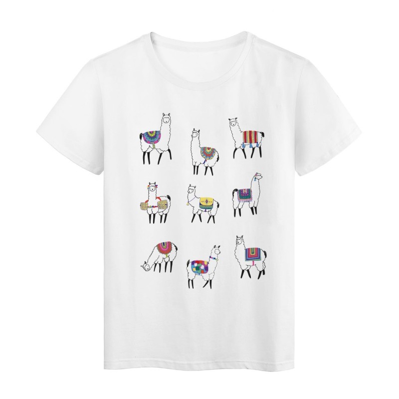 T-Shirt blanc Design animal Lamas couleurs