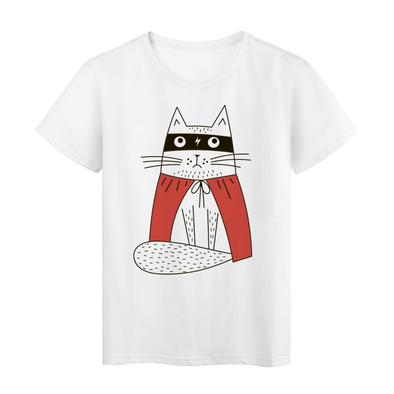 T-Shirt blanc Design Chat masque cape rouge super héros