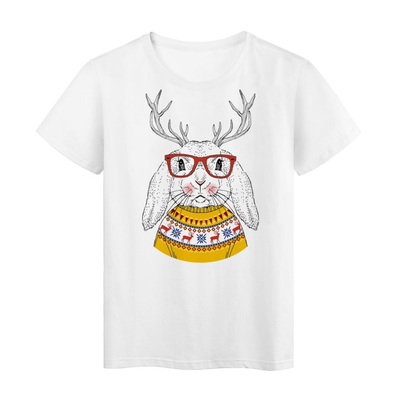 T-Shirt blanc Design Lapin corne de renne noël humour