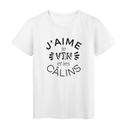 T-Shirt imprimé citation humour j'aime le vin et les calins
