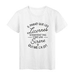 T-Shirt imprimé citation il parait que les licornes n'existent pas c'est une sirene qui me la dit