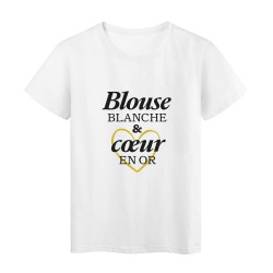 T-Shirt imprimé citation blouse blanche et coeur en or