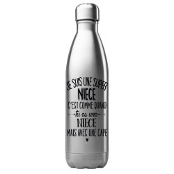 Bouteille gourde isotherme acier inox 500 ml imprimé citation Je suis une super nièce avec une cape