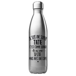 Bouteille gourde isotherme acier inox 500 ml imprimé citation Je suis une super tatie avec une cape