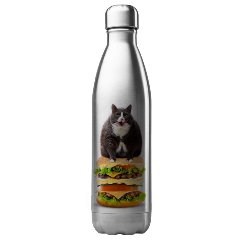 Bouteille gourde isotherme acier inox 500 ml imprimé illustration humour Chat hamburger