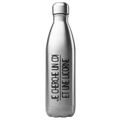 Bouteille gourde isotherme acier inox 500 ml imprimé citation humour Je cherche un CDI et une licorne