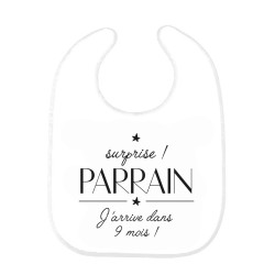 Bavoir bébé imprimé citation naissance humour Surprise Parrain j'arrive dans 9 mois