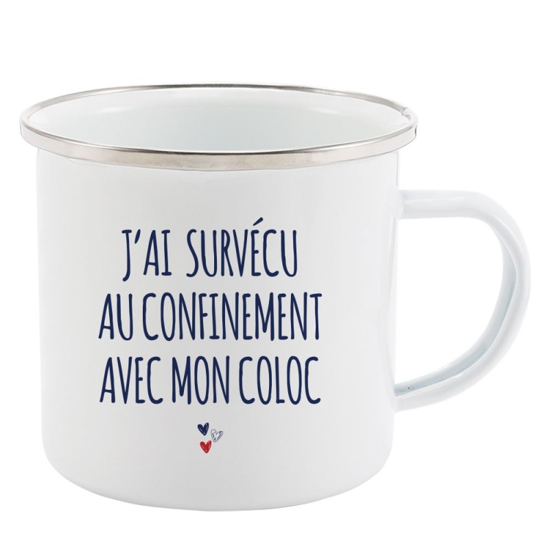 Mug Tasse Rétro en métal émaillé imprimé humour J'ai survécu au confinement mon coloc