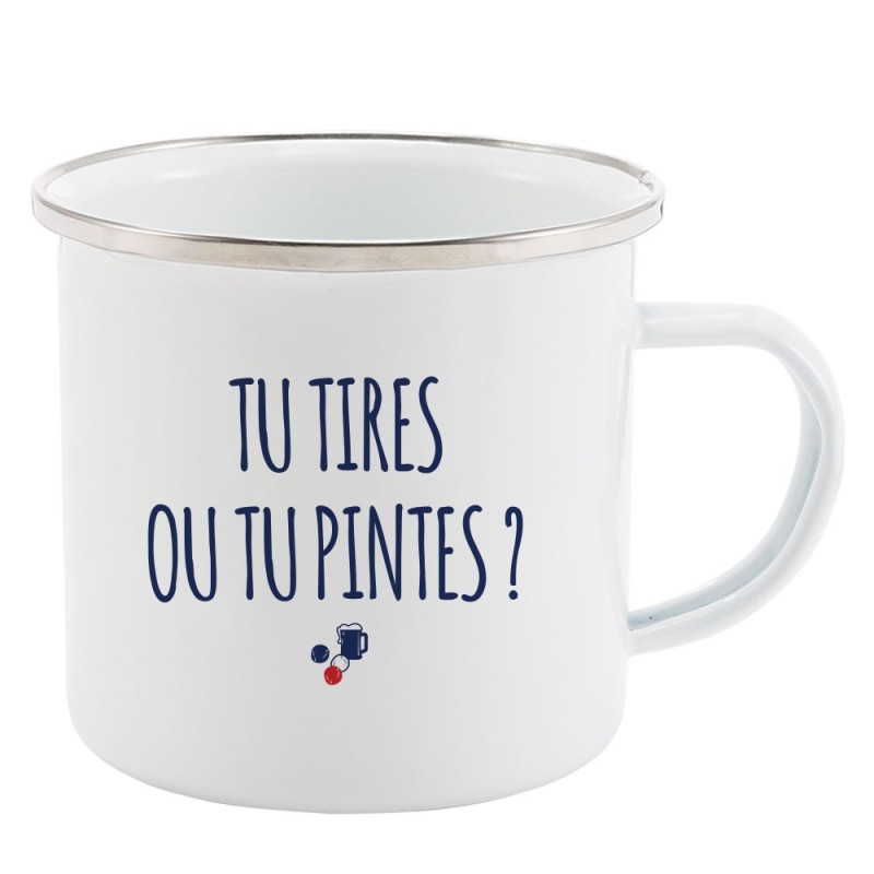 Mug Tasse Rétro en métal émaillé imprimé humour Tu tires ou tu pintes?