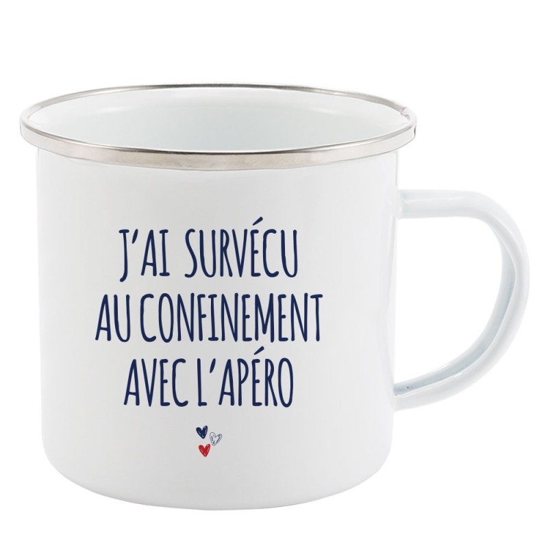 Mug Tasse Rétro en métal émaillé imprimé humour J'ai survécu au confinement avec l'apéro