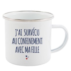 Mug Tasse Rétro en métal émaillé imprimé humour J'ai survécu au confinement avec ma fille