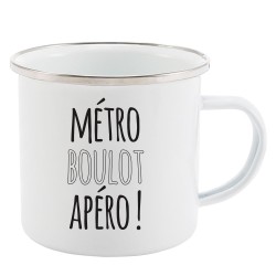 Mug Tasse Rétro en métal émaillé imprimé humour Métro boulot apéro