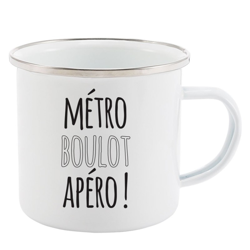 Mug Tasse Rétro en métal émaillé imprimé humour Métro boulot apéro