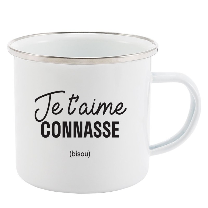 Mug Tasse Rétro en métal émaillé imprimé humour Je t'aime connasse bisou