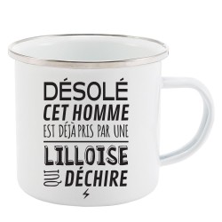 Mug Tasse Rétro en métal émaillé imprimé humour citation désolé cet homme est déjà pris par une lilloise qui déchire