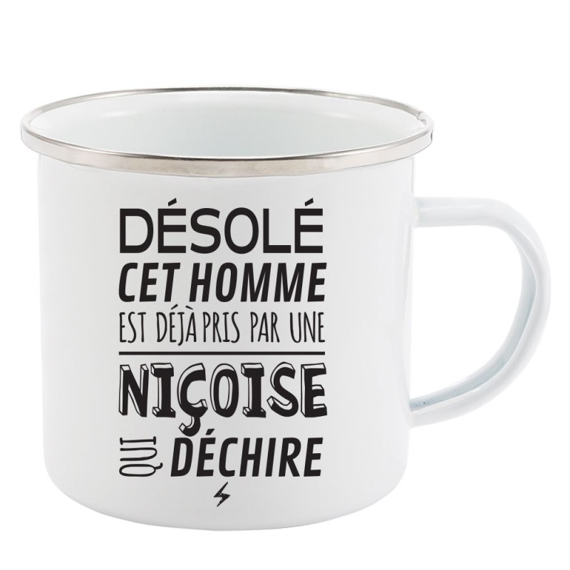 Mug Tasse Rétro en métal émaillé imprimé humour citation désolé cet homme est déjà pris par une Niçoise qui déchire