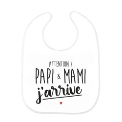 Bavoir bébé imprimé citation naissance humour Attention Papi & Mami j'arrive
