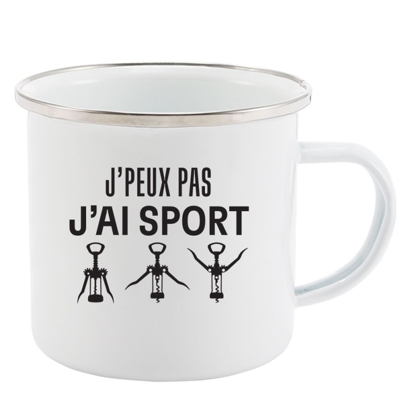 Mug Tasse Rétro en métal émaillé imprimé humour citation J'peux pas j'ai sport