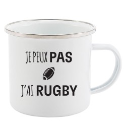 Mug Tasse Rétro en métal émaillé imprimé humour citation J'peux pas j'ai rugby
