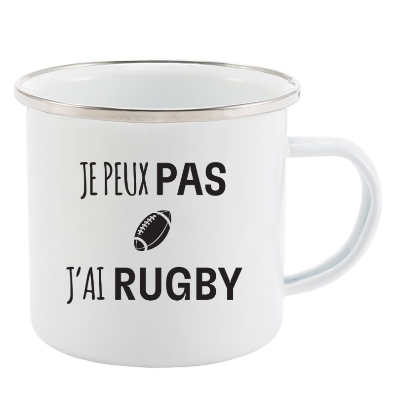 Mug Tasse Rétro en métal émaillé imprimé humour citation J'peux pas j'ai rugby