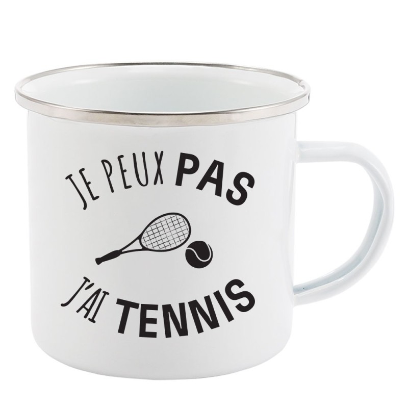 Mug Tasse Rétro en métal émaillé imprimé humour citation J'peux pas j'ai Tennis