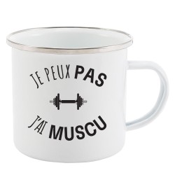 Mug Tasse Rétro en métal émaillé imprimé humour citation Je peux pas j'ai muscu