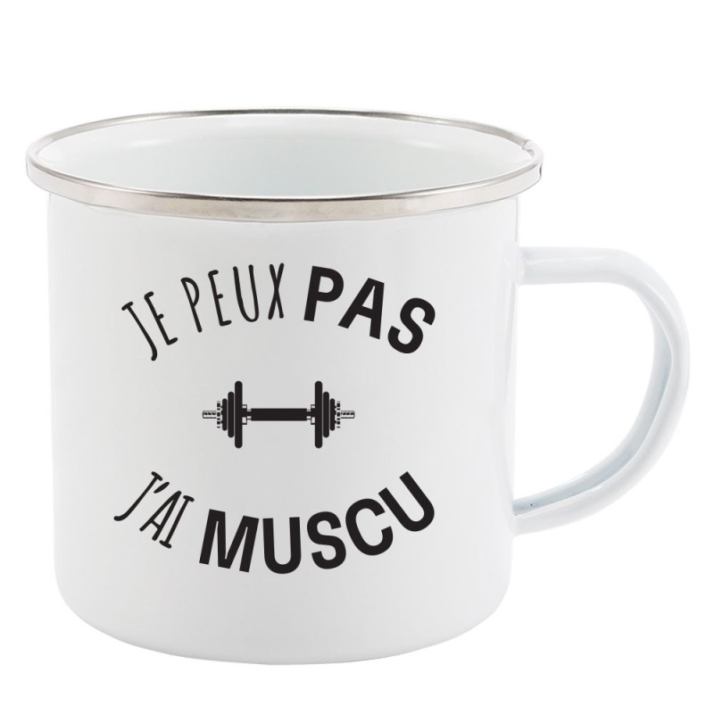 Mug Tasse Rétro en métal émaillé imprimé humour citation Je peux pas j'ai muscu