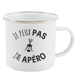 Mug Tasse Rétro en métal émaillé imprimé humour citation Je peux pas j'ai apéro