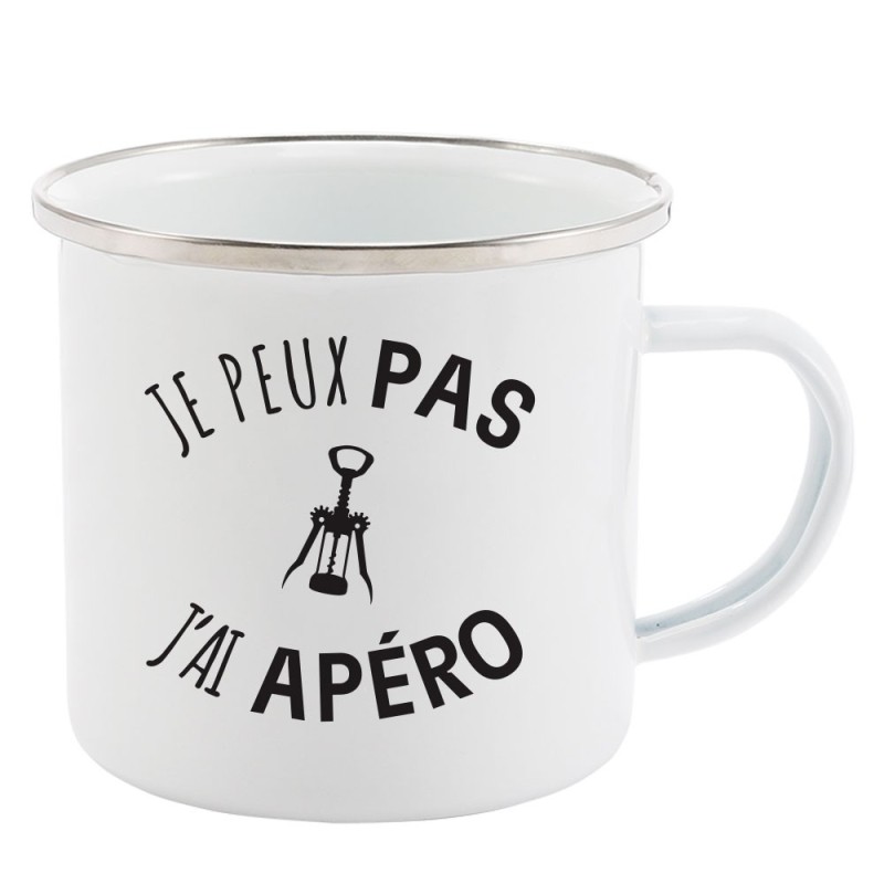Mug Tasse Rétro en métal émaillé imprimé humour citation Je peux pas j'ai apéro