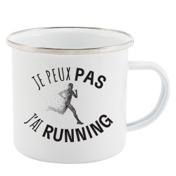 Mug Tasse Rétro en métal émaillé imprimé humour citation Je peux pas j'ai running