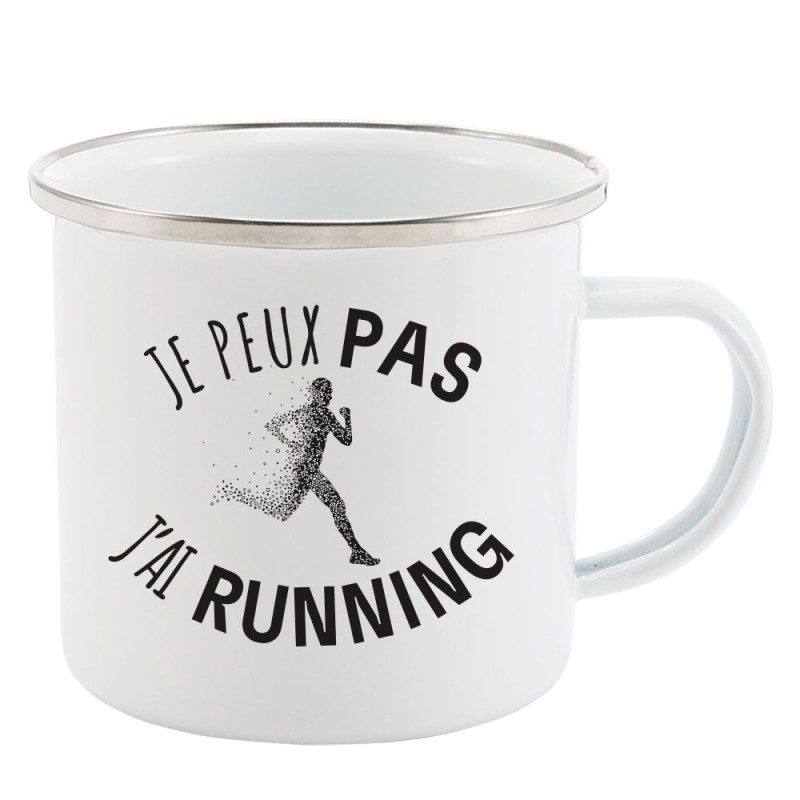 Mug Tasse Rétro en métal émaillé imprimé humour citation Je peux pas j'ai running