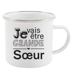 Mug Tasse Rétro en métal émaillé imprimé humour citation Je peux pas j'ai vais être grande soeur