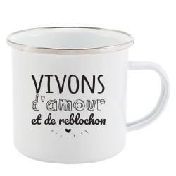 Mug Tasse Rétro en métal émaillé imprimé humour citation Vivons d'amour et de reblochon