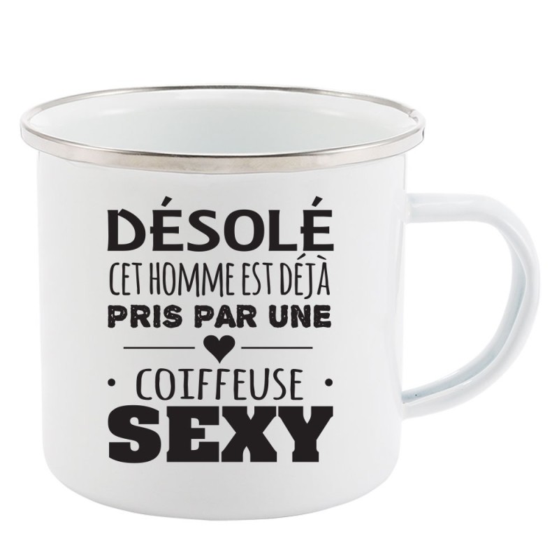 Mug Tasse Rétro en métal émaillé imprimé humour citation Désolé cet homme est déjà pris par une coiffeuse sexy