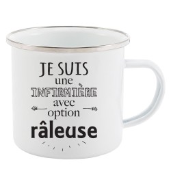 Mug Tasse Rétro en métal émaillé imprimé humour citation Je suis infirmière avec option râleuse