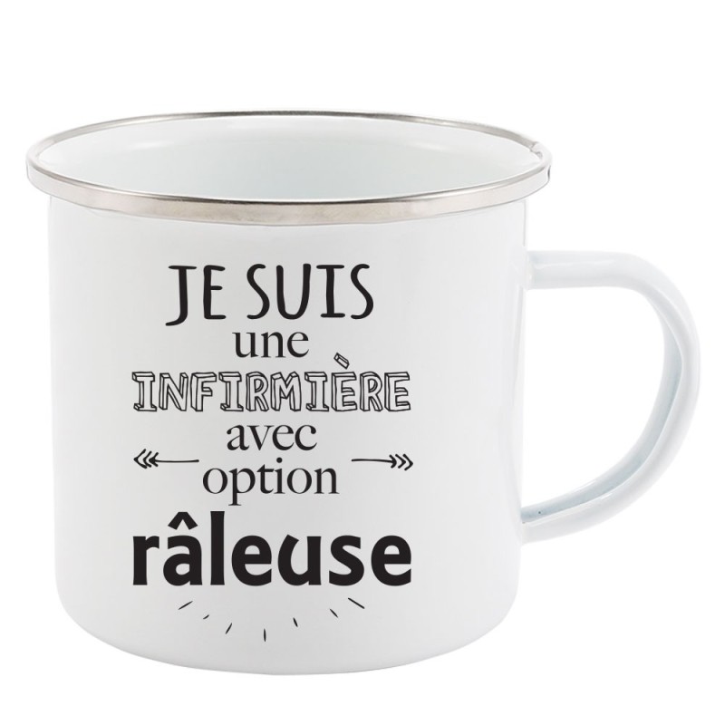 Mug Tasse Rétro en métal émaillé imprimé humour citation Je suis infirmière avec option râleuse