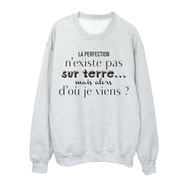 Sweat shirt imprimé citation humour La perfection n'existe pas sur mais alors d'ou je viens?