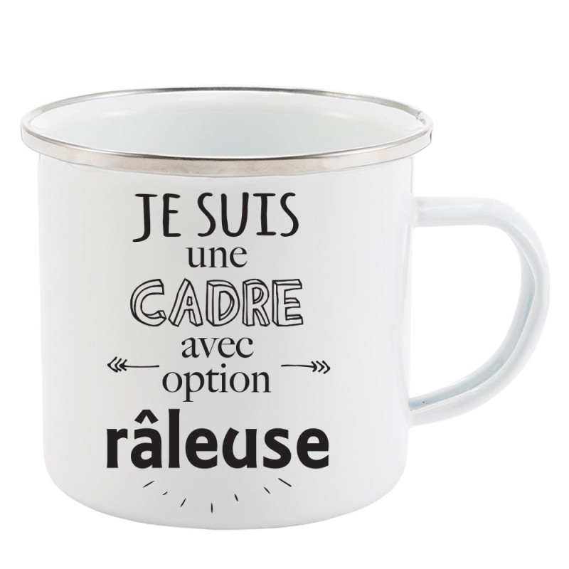 Mug Tasse Rétro en métal émaillé imprimé humour citation Je suis une cadre avec option râleuse